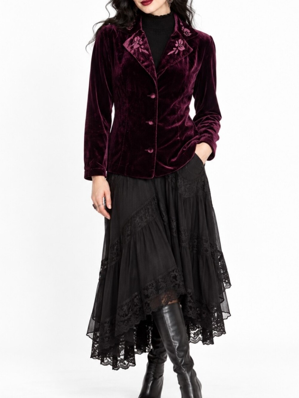 Vintage Rare April Cornell Plum Velvet Embroidered Blazer Whimsigoth Gothic M